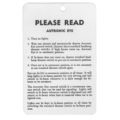 53-59 Chevrolet Full Size Car - Autronic Eye Instruction Tag