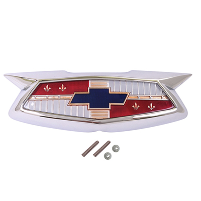 54 Chevrolet Fullsize Hood Emblem Assembly, Chrome Bezel, Bow tie Insert
