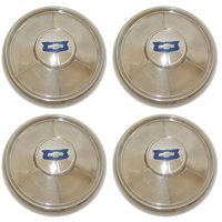 54 Chevrolet Passenger Car Small Hub Cap Set, Chrome w/ Blue Painted Details
