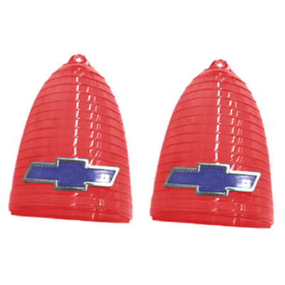 55 Chevrolet Fullsize Tail Lamp Lens, Red Plastic w/ Blue & Chrome Trim Bow tie, Pair