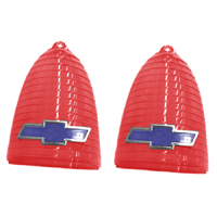 55 Chevrolet Fullsize Tail Lamp Lens, Red Plastic w/ Blue & Chrome Trim Bow tie, Pair