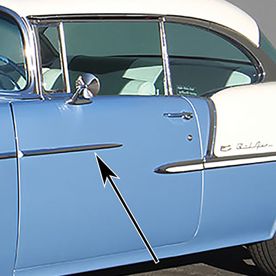 55 Chevrolet Bel-Air 2-Door Except Nomad Front Door Molding Point, Stainless Steel, LH