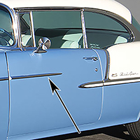 55 Chevrolet Bel-Air 2-Door Except Nomad Front Door Molding Point, Stainless Steel, LH