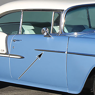 55 Chevrolet Bel-Air 2-Door Except Nomad Front Door Molding Point, Stainless Steel, RH