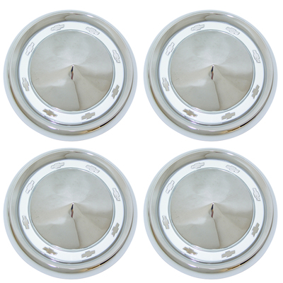 55 Chevrolet Passenger Car 150/210 Small Hub Cap Set, Chrome w/ White Painted Details, 4-Pieces