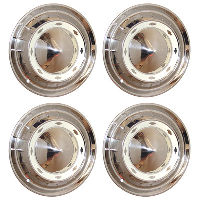 55 Chevrolet Passenger Car 150/210 Small Hub Cap Set, Chrome w/ White Painted Details, 4-Pieces