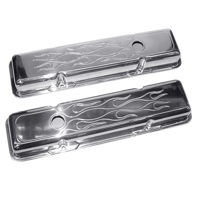 Chevrolet Small Block Car - Polished Aluminum Valve Covers with Flames, Short, Pair