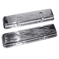 Chevrolet Small Block Car - Polished Aluminum Valve Covers with Flames, Short, Pair