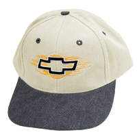 Chevrolet Hat - Tan with Blue Bill, Black Logo, Gold Flames
