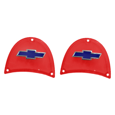57 Chevrolet Fullsize Tail Lamp Lenses, Red Plastic w/ Blue & Chrome Trim Bow tie, Pair