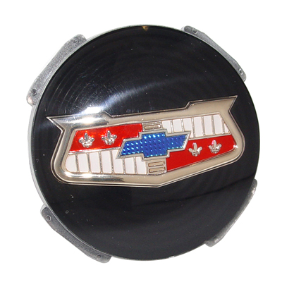 57 Chevrolet Passenger Car Hub Cap Spinner Center Emblem Set, Black, 4-Pieces