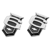 63 Chevrolet Fullsize Passenger Car Front Fender Emblems, 6 Cylinder, Black, Pair