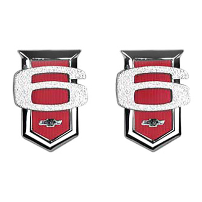 63 Chevrolet Fullsize Passenger Car Front Fender Emblems, 6 CYL, Red