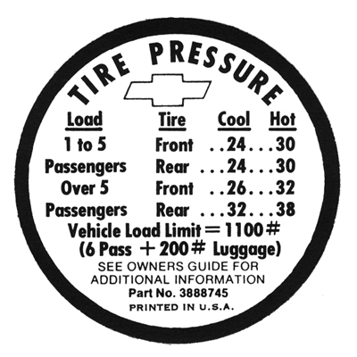 67 Tire Pressure Decal, Coupe