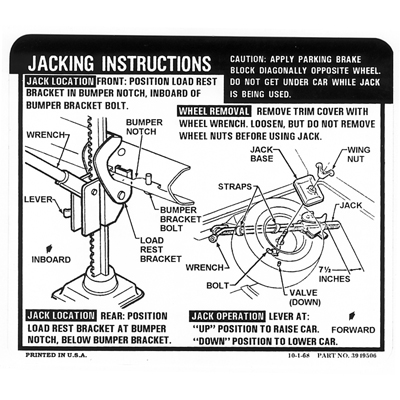 69 JACKING INSTRUCTION DECAL, COUPE REGULAR
